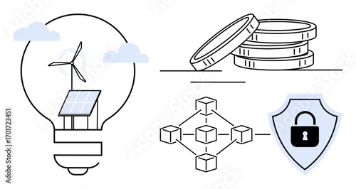 Lightbulb with solar panel and wind power, blockchain network, shield with lock, stacked coins. Ideal for energy innovation, renewable energy, technology, blockchain, security finance sustainable