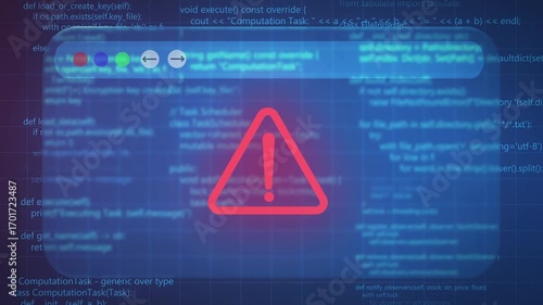 Data error cybersecurity alerts displaying warning symbols, animation, hacking threats, data breaches, and internet security issues, a technology concept.