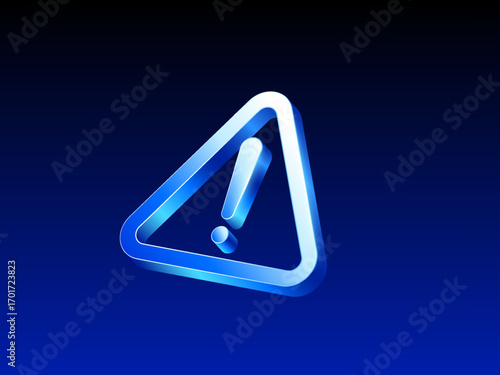 3D glowing blue warning sign with exclamation mark inside a triangular frame on a dark gradient background. 3d exclamation icon in vector illustration. Vector illustration