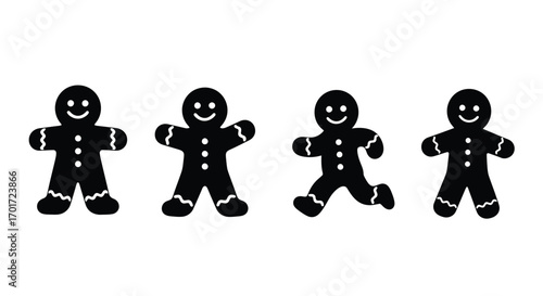 Four cheerful black gingerbread man cookies displayed in various poses with white outline detail vector