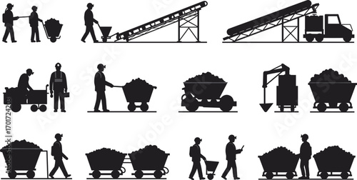 Coal mining workers silhouettes with carts, conveyor belts, trucks, loaders, equipment, and transportation process in mining and industrial production.
