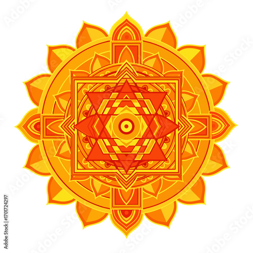 Radiant orange and yellow mandala design, symbolizing energy, creativity, and spiritual awakening
