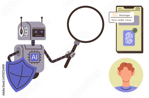 AI robot with shield and magnifying glass inspects smartphone with fingerprint scanner and OTP message near user avatar. Ideal for cybersecurity, AI analysis, digital authentication, privacy, data