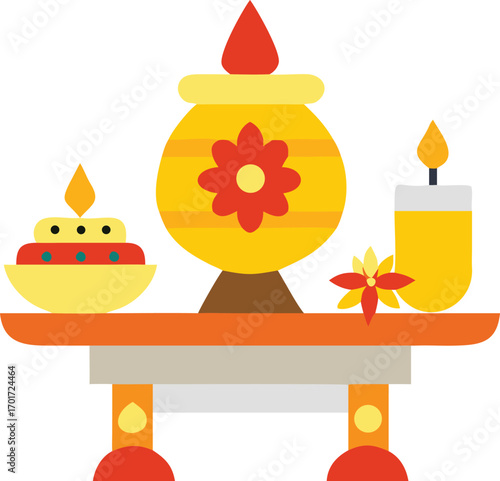Traditional indian puja chowki with kalash and diya vector illustration art