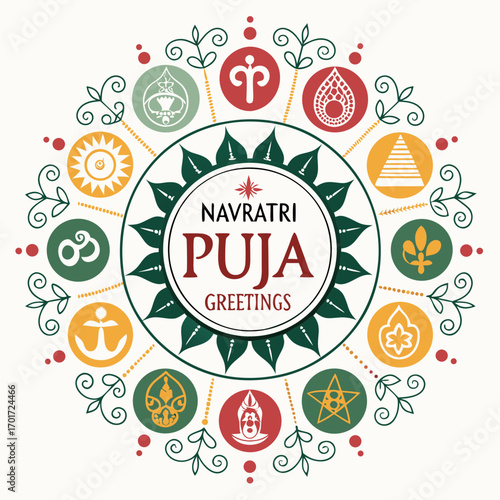 Celebrate Navratri Puja with vibrant festive greetings and auspicious symbols for joyous occasions