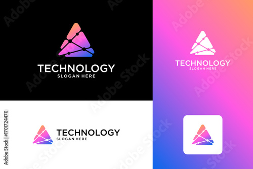 Letter A tech connection logo with abstract dot, blockchain and molecule graphic design vector