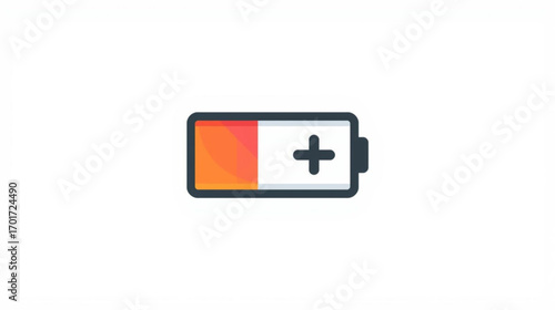 Vector illustration of a low battery icon with a red charge level indicator. Symbol for power depletion, energy discharge, and the need for recharging