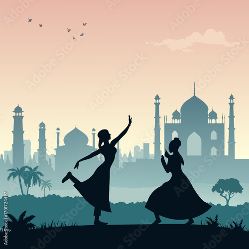 Graceful dancers celebrate vibrant culture against iconic Indian skyline at sunset