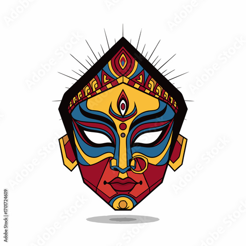 Vibrant Goddess Durga mask celebrates divine power with intricate cultural artistry