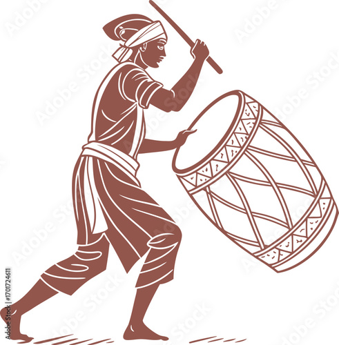 Traditional man playing dha drum vector illustration scalable graphic art
