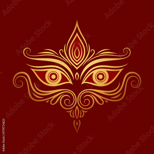 Elegant golden ornate divine eye motif on deep red background, spiritual design element