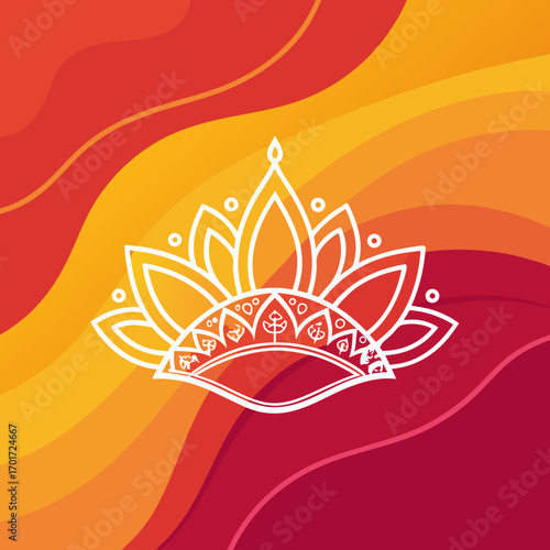 Vibrant lotus mandala design radiates warmth and spiritual energy on a flowing abstract background.