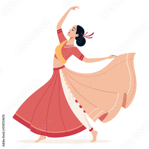 Graceful Indian dancer in vibrant traditional attire expresses joy through flowing movement