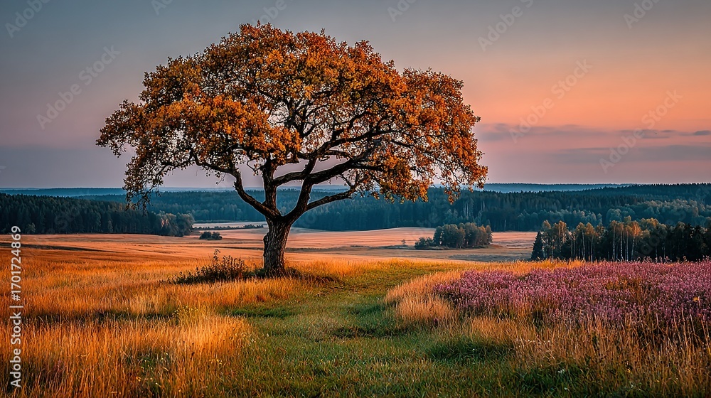 Fototapeta premium Lone tree stands in a field at sunset with colorful sky backdrop.