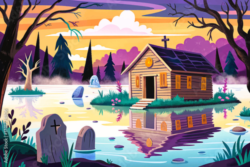 Haunted cabin near river, abandoned wooden hut with fog, ghostly reflection in water