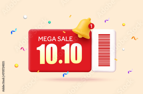 3d Mega Sale 10.10 red coupon or sale tag with barcode, notification bell, and festive confetti isolated on light background. October 10 gift voucher in 3d vector illustration. Vector illustration