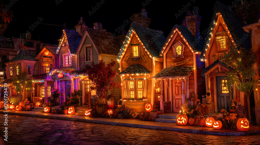 Fototapeta premium Halloween Street with Glowing Pumpkins