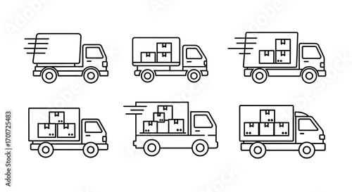 Set of six delivery trucks filled with boxes moving rapidly for logistics services vector