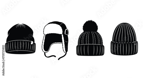 Collection of four cozy winter hats for cold weather warmth and style vector
