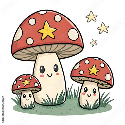 Cute kawaii mushrooms with happy faces and stars at night