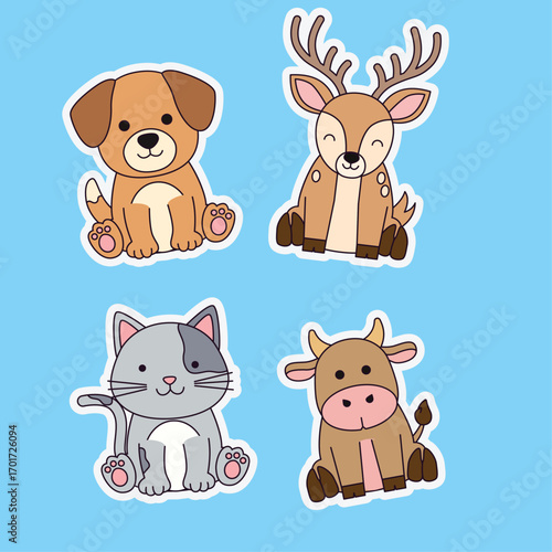 Set of animal character with dog, deer, cow and cat