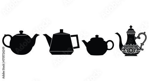 Collection of diverse teapot silhouettes showcasing various designs and eras for beverage service vector
