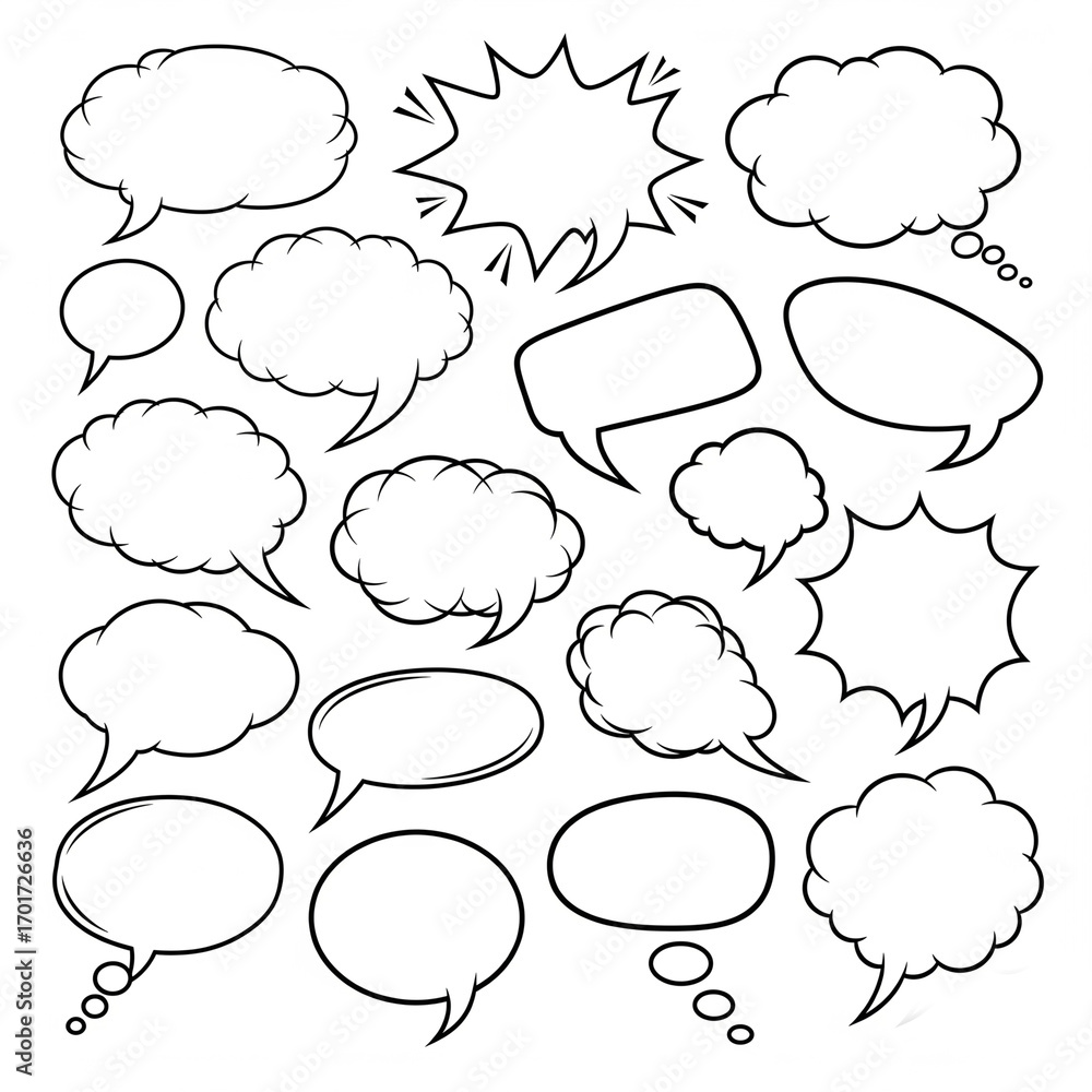 Fototapeta premium Vector illustration collection of empty cartoon speech and thought bubbles, a graphic element set for dialogue and communication
