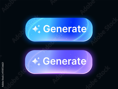 3d Glowing Generate buttons in blue and purple, with sparkles and rounded edges, isolated on background, ideal for UI or UX design, web interfaces, mobile apps, and digital projects. 3d vector. Vector
