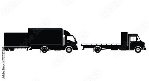 Silhouette of two trucks one box truck and one flatbed truck transporting goods vector