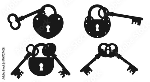 Collection of four antique padlocks and vintage keys symbolizing security trust and access vector