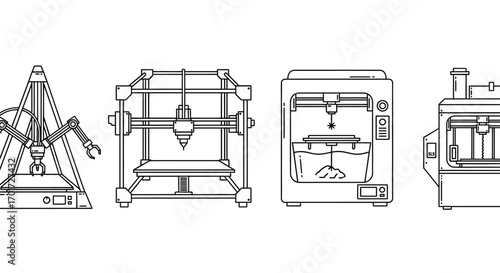 Collection of vintage and modern 3d printers technical drawing style schematics and designs vector