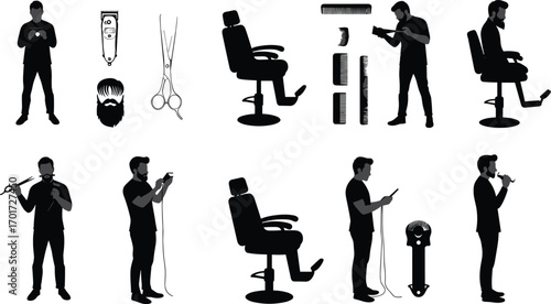 Barber shop vector illustration set with hairstylists, scissors, combs, razors, clippers, barber chairs, beard trimming, and grooming tools.