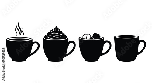 Four black silhouette coffee cups filled with various drinks and toppings isolated studio shot vector