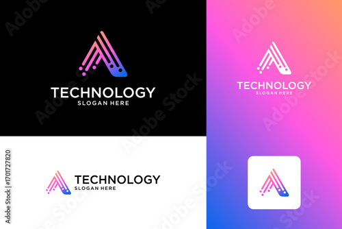 Letter A gradient tech logo template. Abstract technology symbol vector illustration