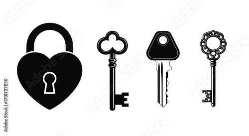 Heart lock and ornate vintage keys symbolizing security and access collection vector