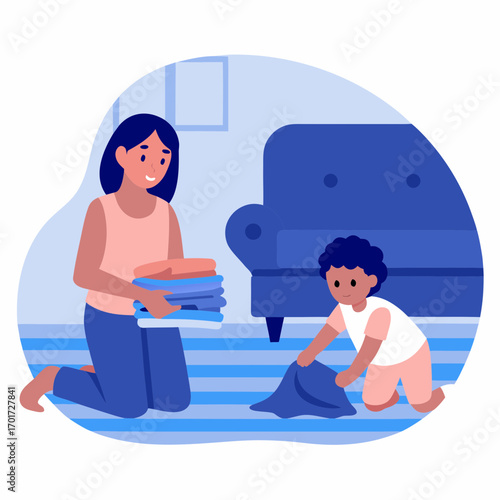 Mother folding laundry with toddler playing on floor indoors  