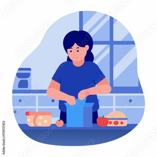 Asian woman packing snacks into a bag at the kitchen counter  