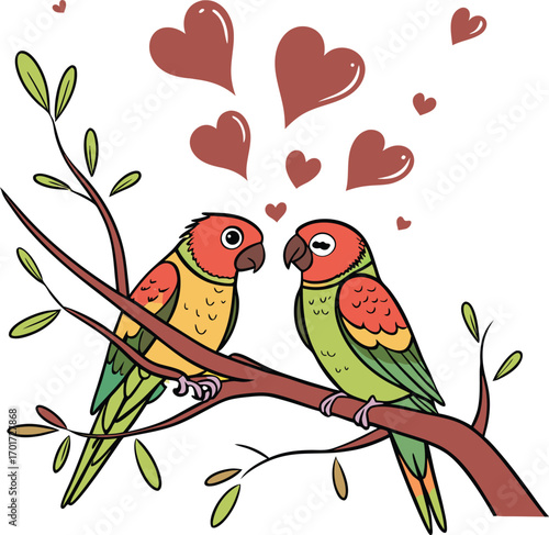 Two adorable lovebirds perched on a branch surrounded by vibrant red hearts