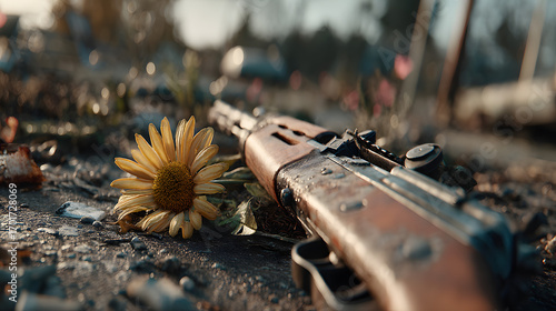 hunting rifle with a yellow flower