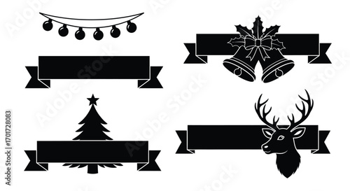 Festive christmas ribbon designs featuring bells tree reindeer and garland for holiday celebrations vector