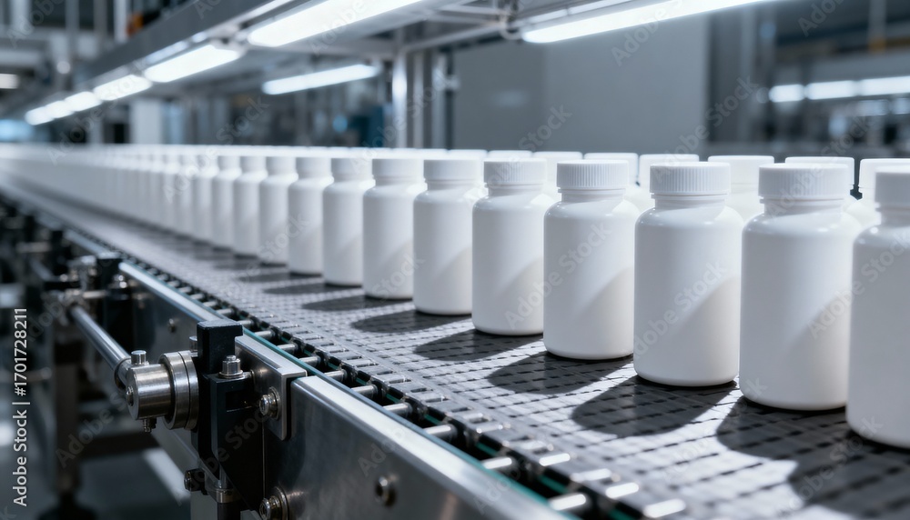 Fototapeta premium Pharmaceutical Manufacturing: White Plastic Bottles on Conveyor Belt in a Modern Production Facility