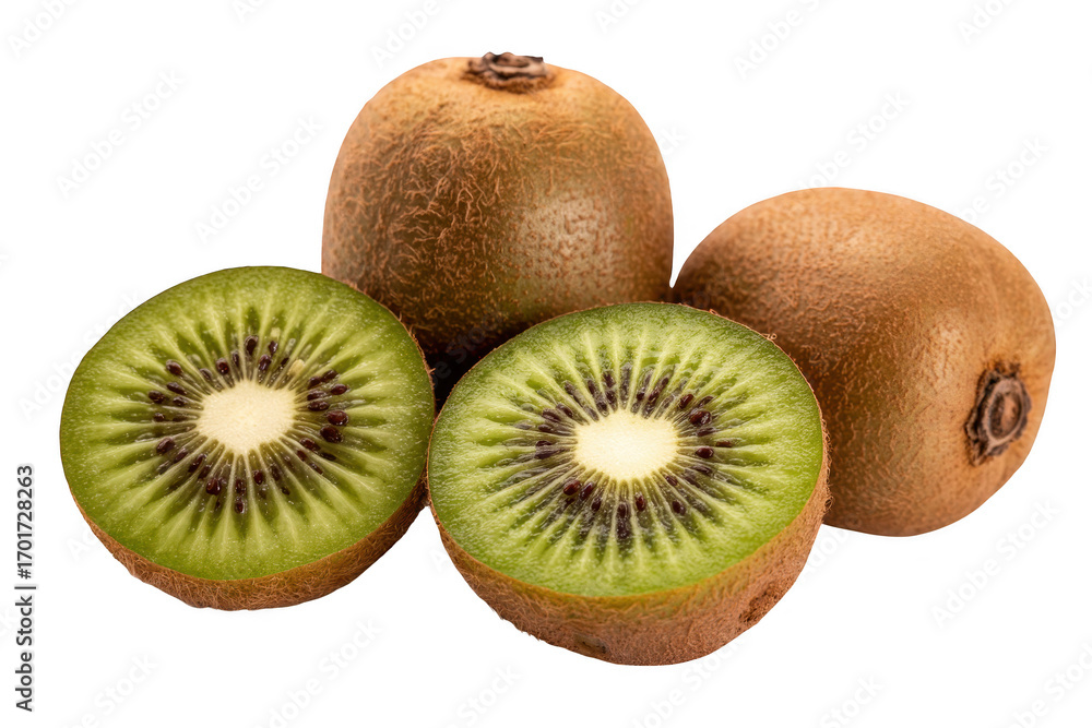 Obraz premium A group of kiwifruits, with two cut in half to show the inside, isolated on transparent background