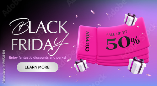 3d pink black Friday coupon or discount card with 50% off. Gift voucher banner with gift boxes flying around. Premium cash back coupon bar code in 3d vector illustration. Vector illustration