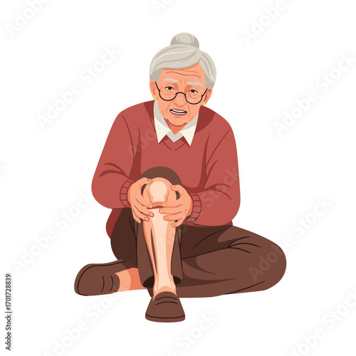 Elderly woman experiencing knee pain, sitting and holding her leg, healthcare concept