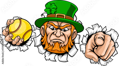 An angry Leprechaun Celtic Irish cartoon character holding Softball ball and pointing sports team mascot illustration.