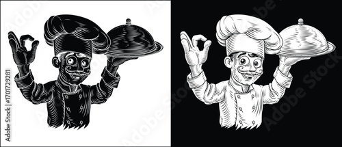 Black and white vintage woodcut style illustration of cheerful chef presenting a cloche platter tray plate. For restaurant branding, menu design, or culinary themed packaging.