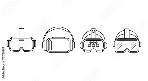 Set of four different virtual reality headset designs hand drawn sketch style vector