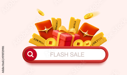 3d Flash sale coupon and gift search banner template with search bar, gift boxes, coupons and lucky money icons, isolated on background. Discount search concept in 3d vector. Vector illustration