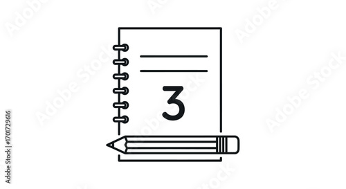 Spiral notebook page with number three and pencil icon for notes and writing tasks vector