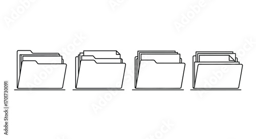 Set of four open document folders in outline style for organization and archiving concepts vector
